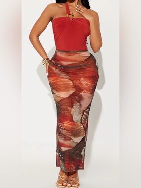 Fashion Nova Rust Marble Print Pencil Maxi Skirt
